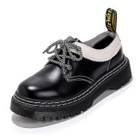 Dotor Martens บูทมาร์ตินหนา3หลุม,รองเท้าบูทมาร์ตินลำลองสีดำและสีขาวหนังแท้สองชั้นข้อต่ำสำหรับผู้หญิง