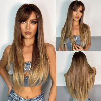 EASIHAIR Long Straight Brown Ombre Synthetic Wigs for Women Natural Hair Straight Wigs with Bangs Cosplay Wigs Heat Resistant