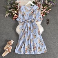 COD DSFGRDGHHHHH new women pleated dress summer casual slim sexy v neck dresses ladies elegant floral beach dress