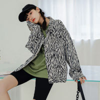 Style Zebra Print Short Denim Jacket Female Students Spring and Autumn Black Striped Graffiti Tie-Dyed Workwear Long