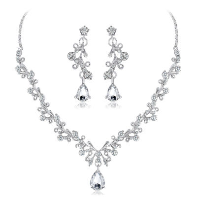 ชุดสร้อยคอคริสตัลเพชรระดับไฮเอนด์ เจ้าสาวแต่งงานสร้อยคอต่างหูชุดสองชิ้น จัดหา Fashion Chain Necklaces