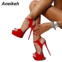 Aneikeh Hot Sales 2022 Summer Style y 16cm Women Sandals High Heels Open Toe Buckles Nightclub Party Shoe Black Big Size 15