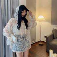 เสื้อสตรีแต่งลูกไม้มีฮู้ดแขนบานสำหรับผู้หญิงบางทรงหลวมฤดูร้อน
