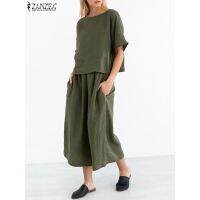 COD 2022 kaftan Long Sleeve Blouses and Pants Sets Women Casual Loose Suits ZANZEA Solid Tops Female Elastic Waist Trousers