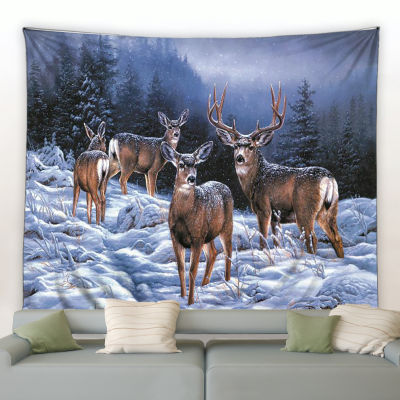 【cw】Elk in Winter Forest Tapestry Wild Animal Deer Christmas Tapestries Wall Hanging Home Art Decor Blanket for Bedroom Living Room