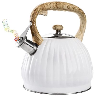 3.5L Tea Kettle for Stove Top, Stainless Steel Whistling Teapot with Wood Handle, White Pumpkin Shape Kettle