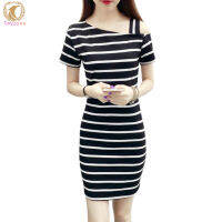 Lady Fashion Clothing Women Fashionable Slim Design Delicate Stripe Printing Pullover Dress Off-shoulder Dress