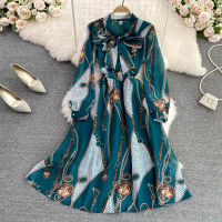 VANOVICH 2022 Spring New Korean Style Ladies Temperament V-neck Bow Tie Waist Slim Printing A-line Large Swing Chiffon Dress