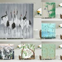 Waterproof Shower Curtains Ink painting Waterfall landscape Printed Bathroom Home Decor Bath Curtain Chinese style Birds Screen