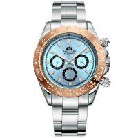 ZZOOI Automatic Watches Self Wind Mechanical Gold Stainless Steel Glacier Ice Blue Dial Chestnut Brown Bezel Luminous Men Watch