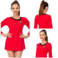 Star Trek: ชุดเครื่องแบบคอสเพลย์เสื้อยืดผู้หญิงแขนยาวสีแดงชุดเดรสคอกลม