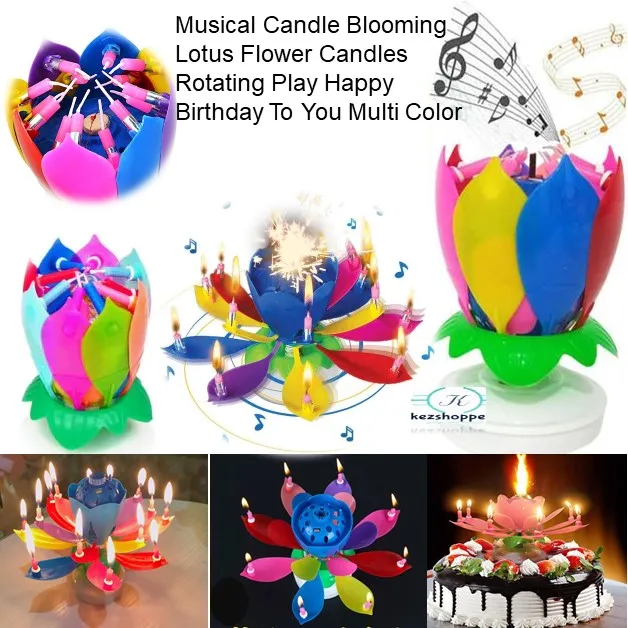Multi Color Musical Candle Blooming Lotus Flower Candles Rotating Play