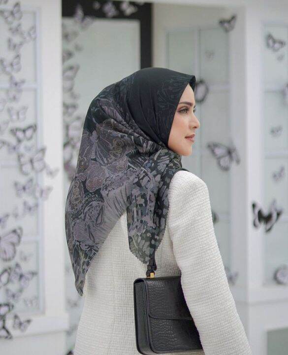 DISKON !! Hijab Segiempat Voal Motif Pharsa Hitam / Jilbab Voal