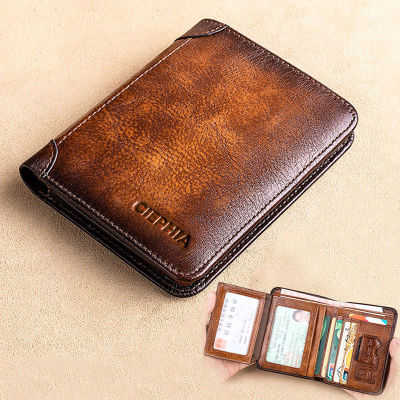กระเป๋าสตางค์มีระบบป้องกัน Rfid หนังของแท้สำหรับผู้ชายวินเทจบางสั้นมัลติฟังก์ชั่น ID เครดิตกระเป๋าใส่เงินกระเป๋าเก็บบัตร