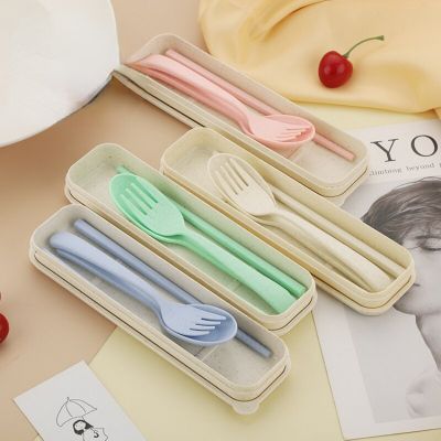 3 in 1 Travel Cutlery Portable Cutlery Box Japan Style Wheat Straw Knife Fork Spoon Student Dinnerware Sets For Outdoor Camping Flatware Sets