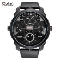 Oulm watch mens large dial multi-time zone multi-movement waterproof quartz watch leather watch 【QYUE】