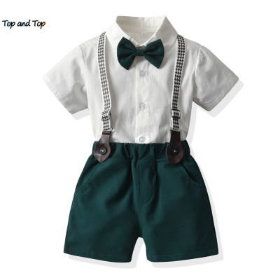 top and top Fashion Toddler Kids Boys Gentleman Clothing Set Formal White Short Sleeve Shirts with Bowtie+Overalls Casual Suits