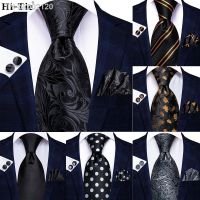 ✈ Hi-tie Design Black Solid Dot Silk Wedding Tie For Men Hanky Cufflink Gift Men Necktie Gravata Set Fashion Business Dropshipping