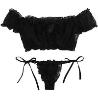 Porno Women Sexy Lingerie Nightwear Two Pieces Set Sexy Off Shoulder Ruffle Trim Lingerie Set Bra Panty