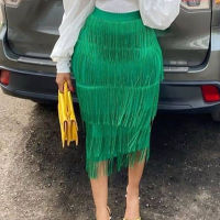 Womens Green Bodycon Pencil Fringe Skirts Stretch Sheath Midi Length Ladies Slim Tassel Jupe Saias faldas Big Size High Waist