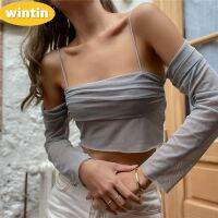 Wintin New European and American Womens Spring Clothing Fashion Sexy off-Neck Strap Sheer Mesh Long Sleeve Top