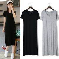 ✉✒ New Fashion Solid V-Neck Short Sleeve Summer Dress Modal Long Women Dress Slim Casual Maxi Vestidos Streetwear Robe