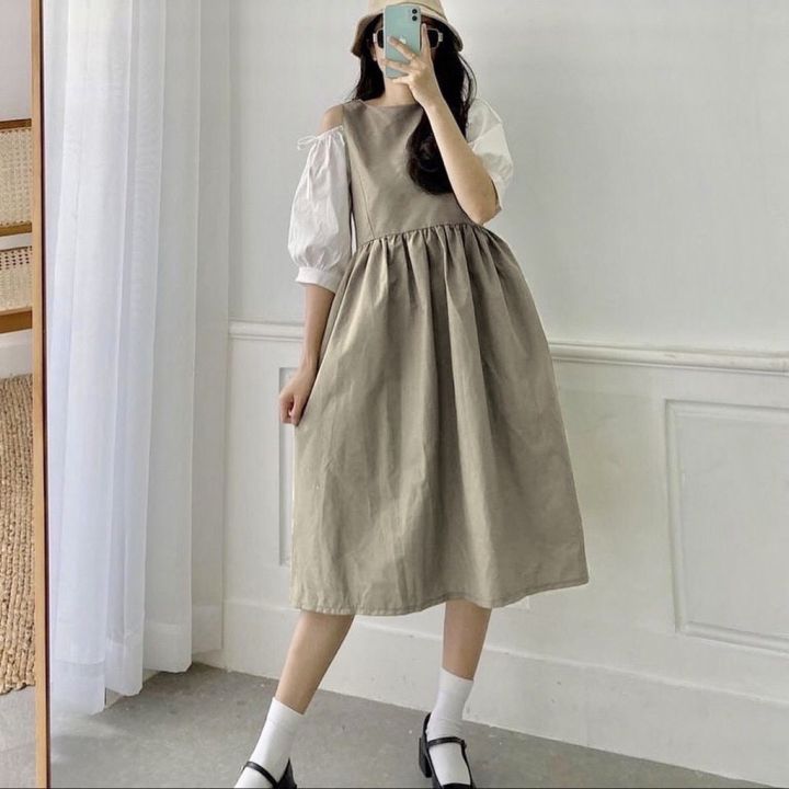 Váy Kaki Be Vintage Hở Vai Phối Trắng - Đầm Xòe Phong Cách Tiểu ...