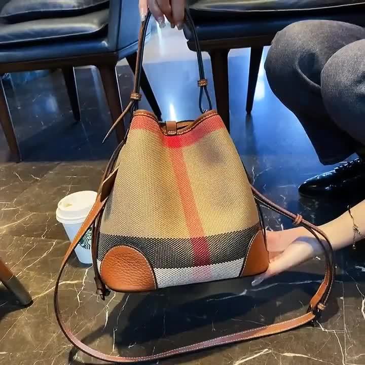 Luxury Plaid Canvas Leather Women‘S Bag Fashion Large Capacity Business  Lady Bucket Shoulder Bag Female Drawstring Handbag