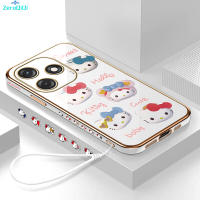 [ฟรีสายคล้อง] สำหรับ Tecno 10C ประกายเซลล์10เคสโทรศัพท์การ์ตูนน่ารัก Hello Kitty สำหรับเด็กผู้หญิงปลอกลวดลายขอบสี่เหลี่ยมชุบเคสโทรศัพท์หรูหราชุบเคลือบเคสโทรศัพท์นิ่ม