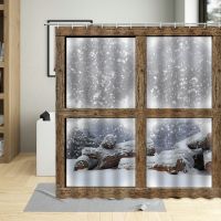 Retro Window Snowflake Landscape Shower Curtain Spring Grassland Nature Scenery Stream Bathroom Decor With Hooks Bath Curtains