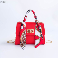 ZIBU Silk band Bow LOCK กระเป๋าสี่เหลี่ยมขนาดเล็ก PU หนังโซ่กระเป๋าถือ Crossbody กระเป๋า