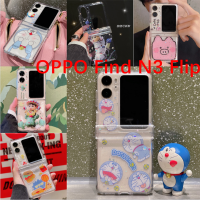 สำหรับ N3 OPPO Find เคส N2แบบพับได้เคสเคสโทรศัพท์เป็นคู่ลายการ์ตูนโดราเอม่อนน่ารักดอกทิวลิปกาวแวววาวพร้อมบานพับชุดสามชิ้นเคสแข็งพีซี