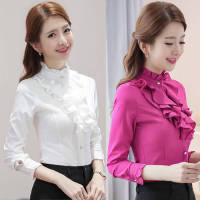เสื้อสีขาวสำหรับผู้หญิงแฟชั่นสำนักงานเสื้อแขนยาวสไตล์เกาหลีใหม่บางท็อปส์ OL
