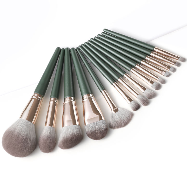 xinyan-14pcs-makeup-brushes-set-eyeshadow-powder-green-matte-wood-handle-concealer-cosmetic-eyebrow-beauty-tool