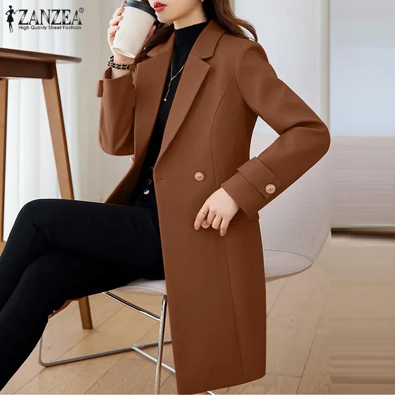ZANZEA Korean Style Women's Blazer Formal Office Collect Waist Long Sleeve  V-Neck Solid Winter Suit Jacket #11