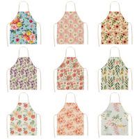 Flowers Print Cotton Linen Apron Kitchen Women Baking Waist Bib Home Cooking Brief Sleeveless Pinafore 55x68cm