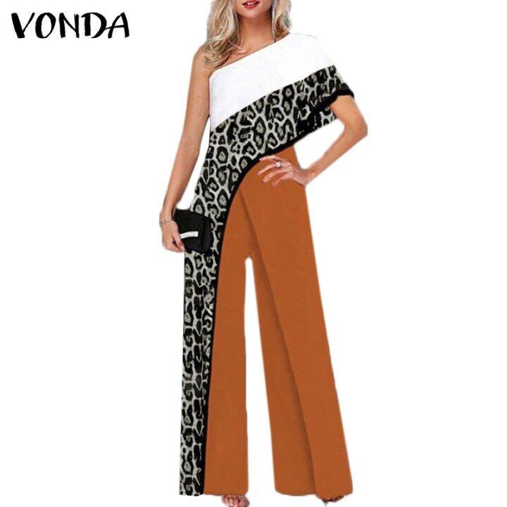 vonda-ชุดจั๊มสูท-แขนกุด-เปิดไหล่ข้างเดียว-พิมพ์ลายเสือดาว-ขากว้าง-เซ็กซี่-สําหรับผู้หญิง