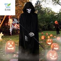 GJ56 ชุดฮาโลวีนเด็ก ชุด Halloween เด็ก สีดำสีดำ เครื่องแต่งกายฮัลโลวีน Grim Reaper กันลื่น กับถุงมือ ชุดเครื่องเก็บเกี่ยวผี เสื้อคลุมมีฮู้ด อเนกประสงค์อเนกประสงค์ ชุดเสื้อคลุมเสื้อคลุม เด็กผู้ใหญ่และเด็ก