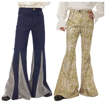 Women 70s Costume Bell Bottom Boho Flared Pants Hippie Outfit Mid Waist  Trousers