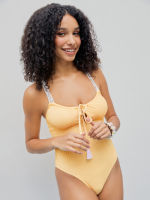 Cider V-neck Textured Drawstring Lace Trim One Piece Swimsuit