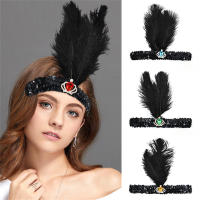 1920s Prom Feather Headpiece Halloween Feather Headband Bachelorette Party Hair Accessory Gemstone Black Hair Accessory 1920s Prom Feather Headpiece Crown Gemstone Elastic Hair Accessories Halloween Theme Headwear Feather Headband For Parties Gemstone