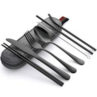 8Pcs/set Tableware Reusable Travel Cutlery Set Camp Utensils Set with Stainless Steel Spoon Fork Chopsticks Straw Portable Case Flatware Sets