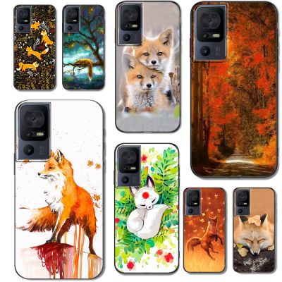 Cute Case For TCL 40SE Case Back Phone Cover Protective Soft Silicone Black Tpu Fox autumn leaves