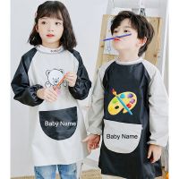 【DT】hot！ Custom Name Cartoon Sleeve Gown Children Bibs Kids Boys Painting Apron Baby Feeding Smock Bib Student