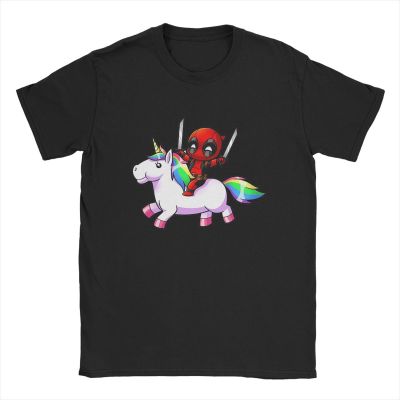 Mens T-shirts Marvel Deadpool Riding A Unicorn Short Sleeve Cotton T-Shirt Disney T Shirt Around The 100% Cotton Gildan