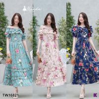 16821 MaxiDress เดรสยาว ลายดอก เปิดไหล่ Long floral dress with open shoulders