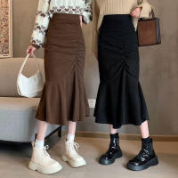 【CW】New Corduroy Half Body Hip Wrap Skirt, 2022 Korean Slim A-Line Skirt,Ruffled Middle And Long Pleated Fishtail Skirt