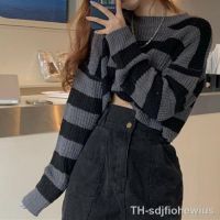 【hot】✱  Deeptown Korean Striped Cropped Sweater Oversize Knit Female Sleeve O-neck Pullovers