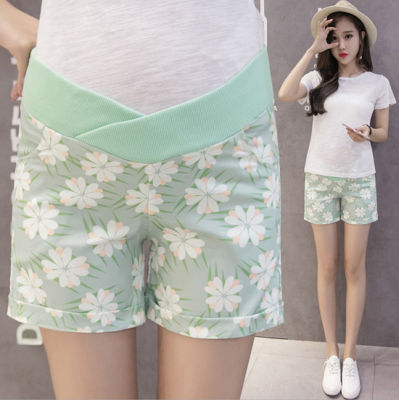 กางเกงขาสั้นคนท้อง เอววี L-XL กางเกงเอวต่ำ ลายดอก สีเขียวมิ้นต์ เสื้อผ้าคนท้อง