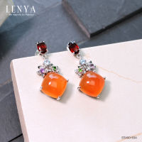 LenYa Jewelry ต่างหูเงินแท้ 925 ชุบทองขาว ประดับพลอยสีส้มอมแดง คาร์เนเลี่ยน (Carnelian) ดูโดดเด่น เพิ่มสเน่ห์ด้วยพลอย สีแดง การ์เน็ต ,สีม่วงอเมทิสต์ ,สีฟ้า บลู โทแพซ ,สีเขียว โครมไดออฟไซด์